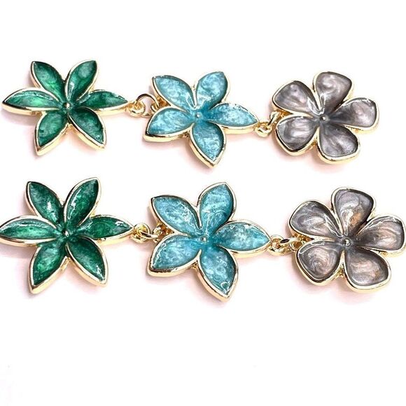 Long Yellow Gold with Oil Drip Flower Trio Post Back Dangling Earrings - Picture 3 of 6